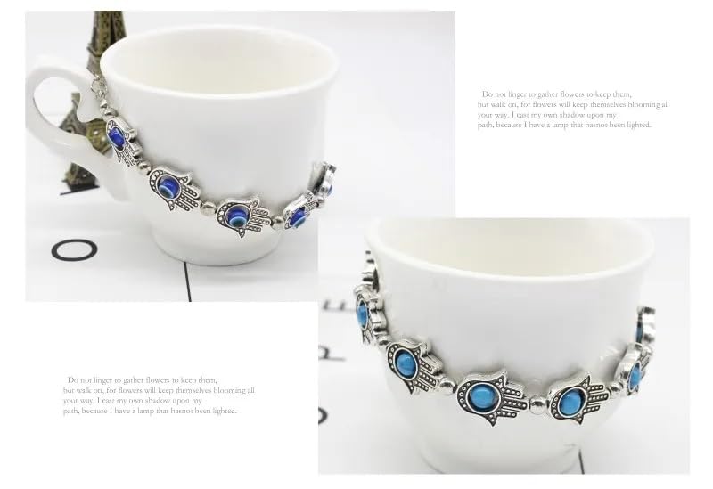 El Regalo Evil Eye Hamsa Hand Turquoise Green Beads Bracelet for Girls & Women- Antique Finish Hamsa Hand Sleek Bracelet (1 Blue + 1 Green beads)
