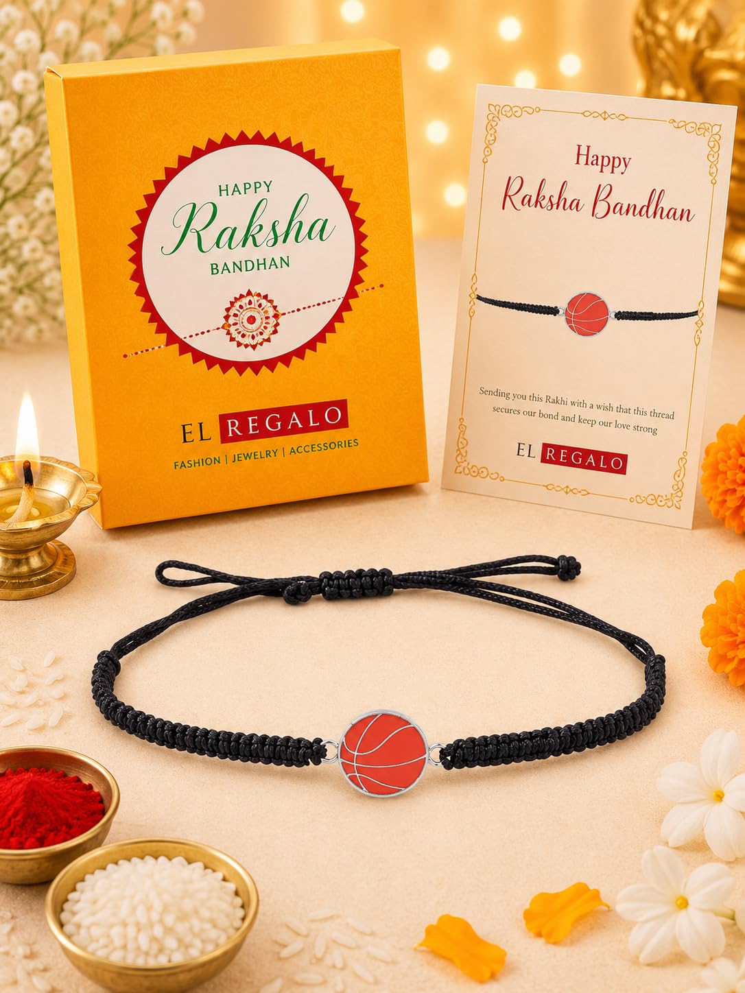 El Regalo 1PC Sports Balls Rakhi for Brother- Cute & Fancy Balls Bracelet Rakhi for Sports Lover Brother with Roli Chawal in Rakhi Gift Box (Basket ball)