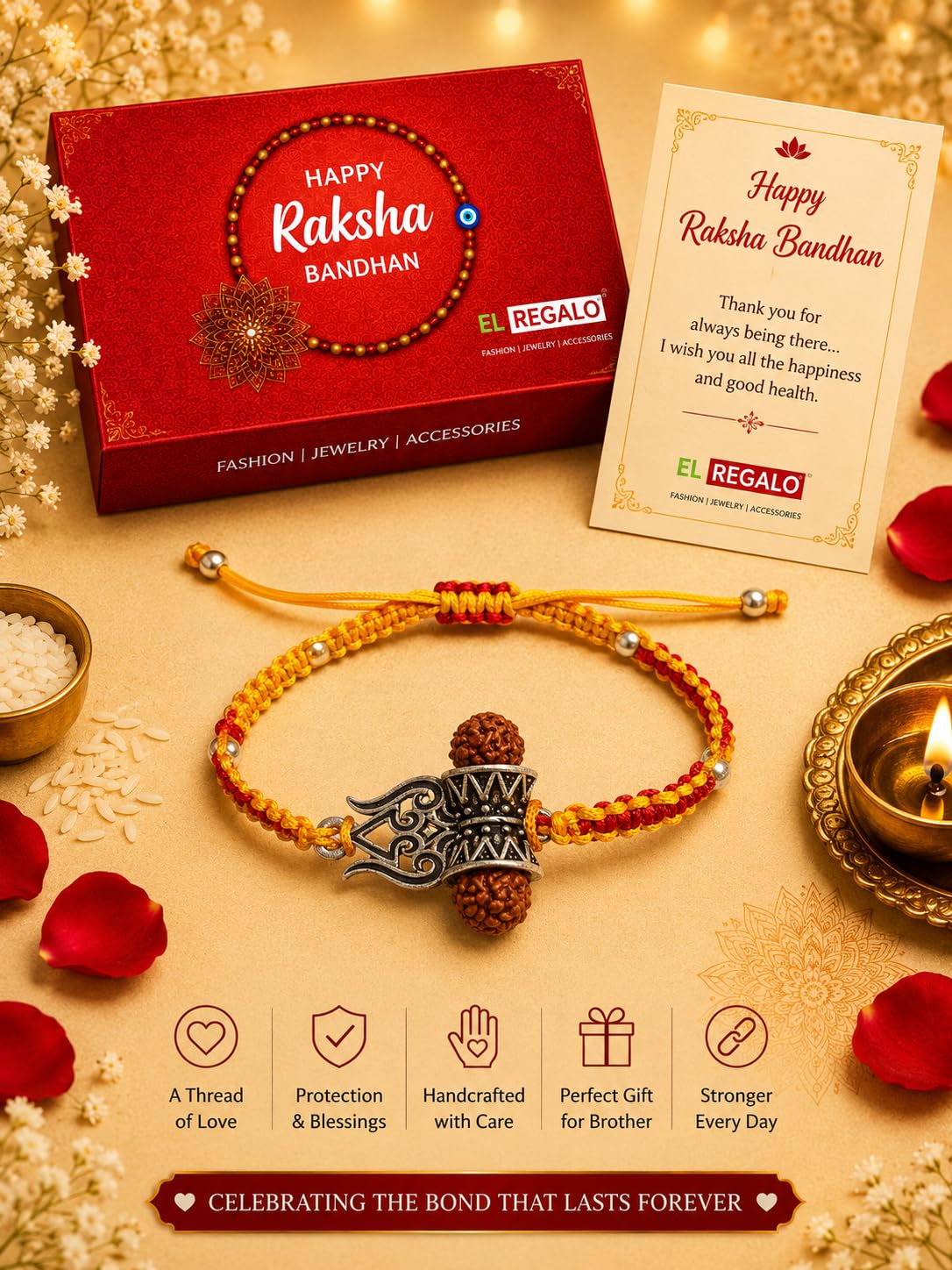 El Regalo 1PC Rudraksha Trident Rakhi for Brother with Roli Chawal, Message Card in Gift Box- OM, Trishul, Damru Rudraksha Rakhi for Bhai/Brother (Trident)