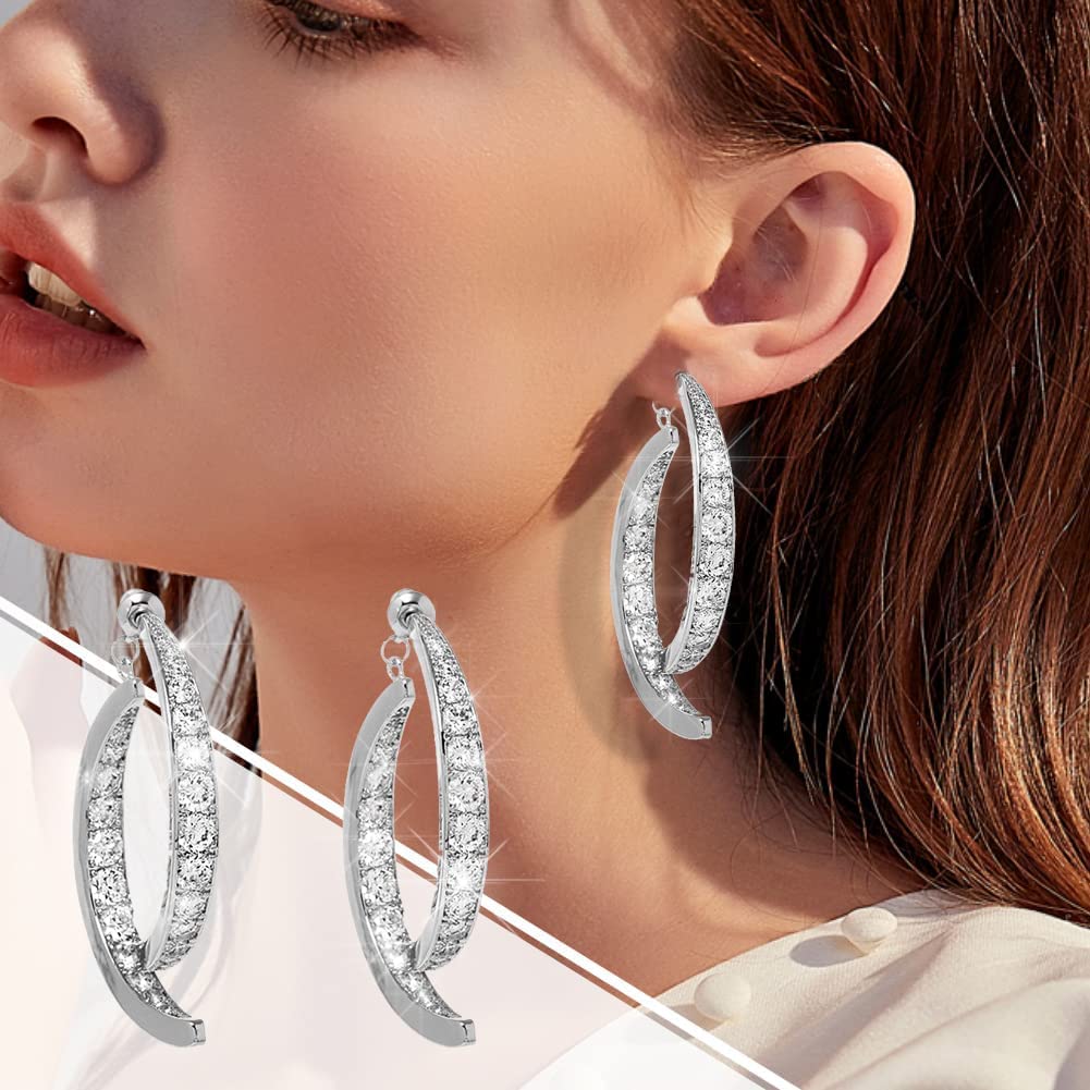 El Regalo Women's & Girl's Cross Curved Earrings, Curved Stick Front Back Linear Drop Hypoallergenic Earrings (Silver AD)