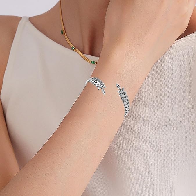 El Regalo Stainless Steel Olive Leaves Open Cuff Bracelet for Women- Anti Tarnish/Waterproof Western Vintage Style Bracelets (Silver)
