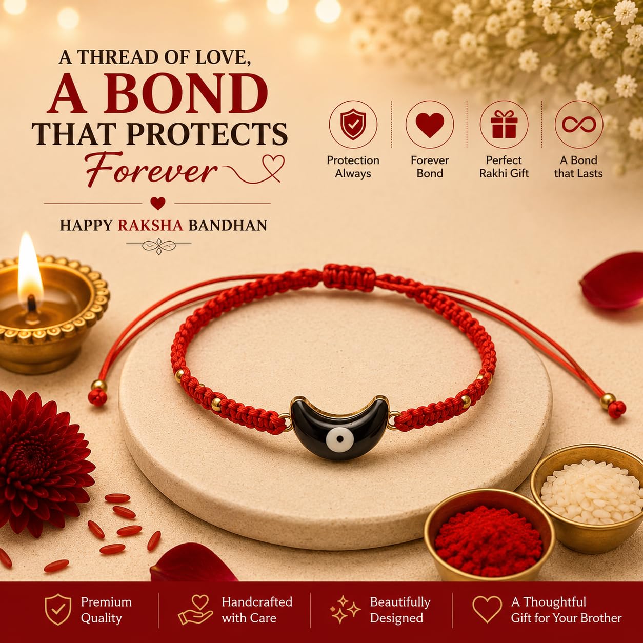 El Regalo Evil Eye Bracelet Rakhi for Brother with Roli Chawal in Gift Box (Red with Blue Evil Eye)