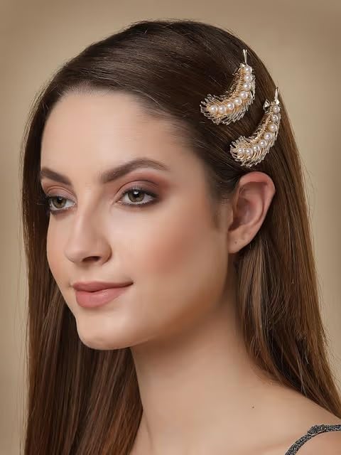 El Regalo 2PCs Pearl Feather Fancy Hair Clips - Golden Wing Feather Alligator Clips for Girs & Women- Bridal/Wedding Party Hair Accessories