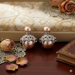 El Regalo Beautiful Double Sided Pearl Earrings for Women - Elegant Crown Rhinestone Front Back Studs | Korean Style Moti Earrings (Silver Brown)