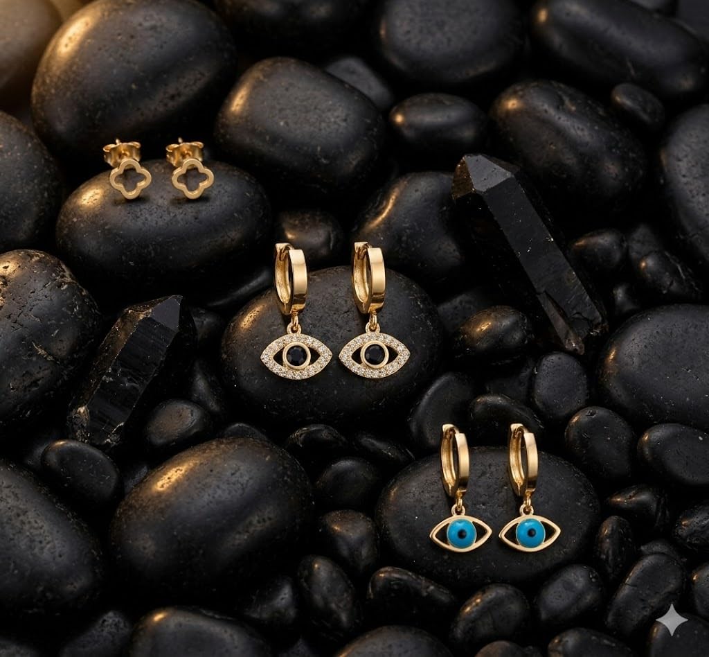 El Regalo Luxury 3 Pairs Earrings Combo Set for Girls & Women | 18K Gold Plated Anti-Tarnish Evil Eye & Clover Motif Earrings | Western Jewelry for Office, Party & Casual Style (Style-2)
