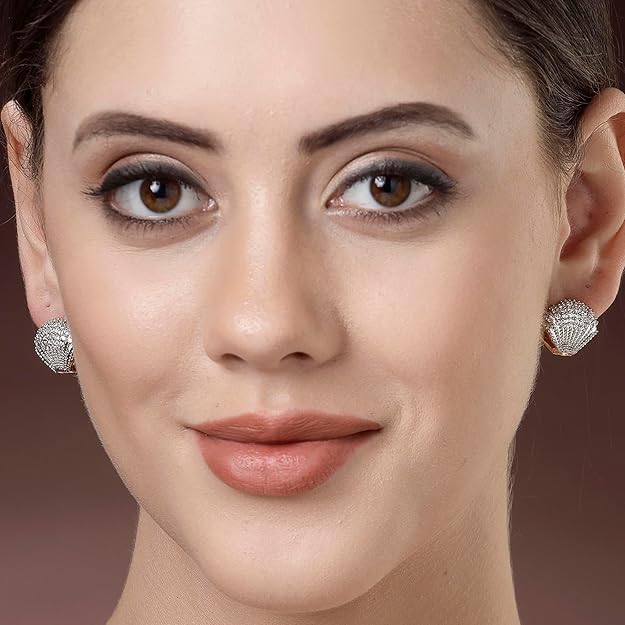 El Regalo Elegant French-Style Luxury Full Diamond Zircon Pearl Shell-shaped Ear Hoops Clips for Women & Girls- Full Paved Cubic Zirconia Shell Earrings (Silver)