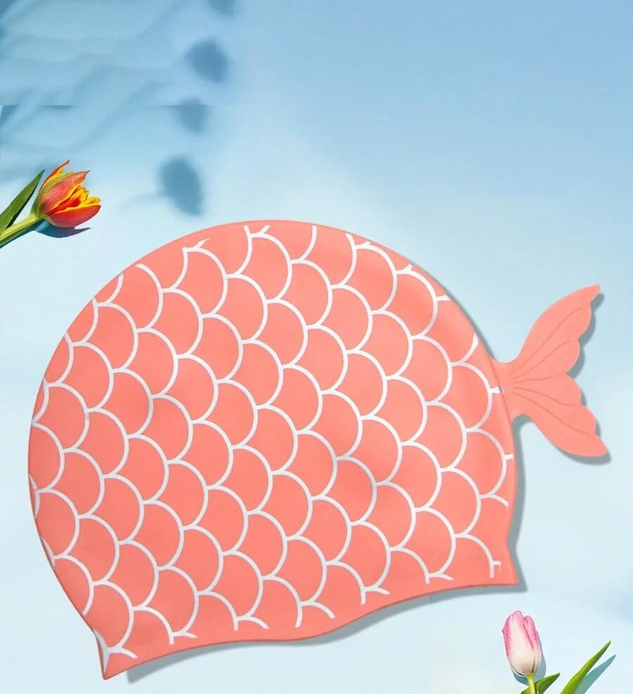 El Regalo 1PC Cute Mermaid Fish Tail Silicon Swimming Cap for Kids, Girls, Boys, and Teens (Orange)