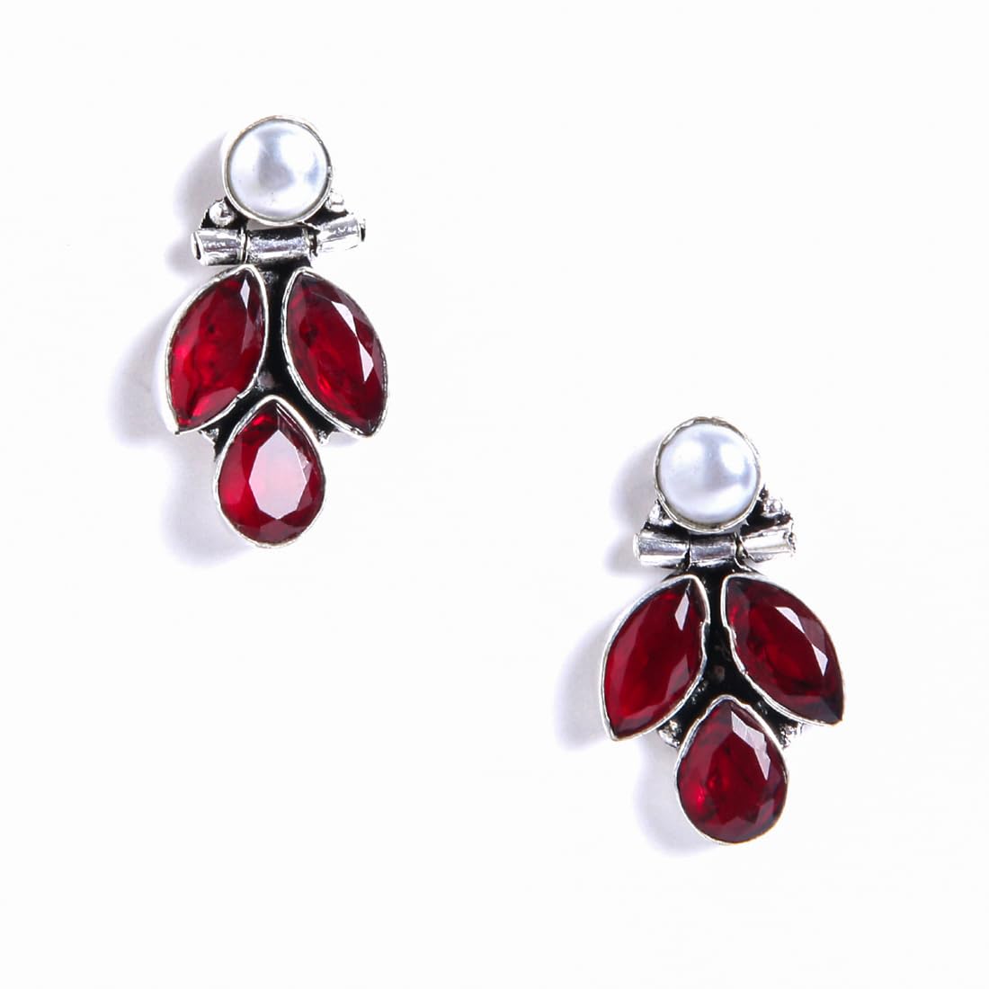 El Regalo 2 Pairs 925 Silver Plated Vintage Stones & Pearls Earrings Combo Set for Women & Girls- Silver Lookalike Statement Pearls Stones Earrings (Option-1)