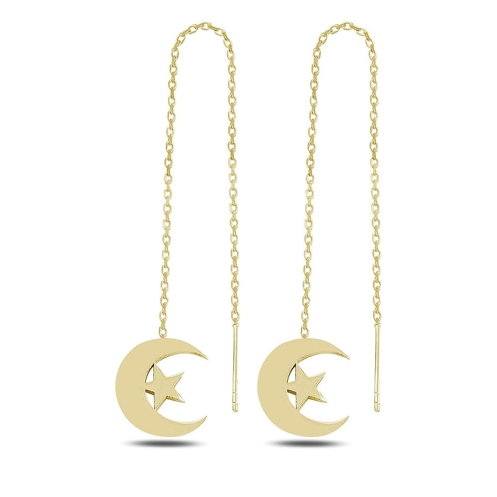 El Regalo Cute & Tiny Moon Stars Needle Threader Earrings for Girls & Women- Tassel Long Chain Threader Earring Set for Women Teen Girls