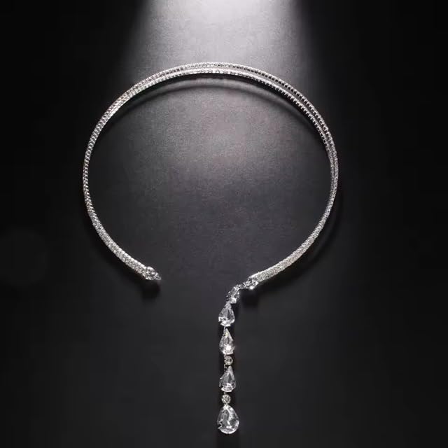 El Regalo Rhinestone Front Open Choker Necklace for Women & Girls - Double Circle Fashion Choker with Long Tassel - Luxury Adjustable AD Statement Necklace for Parties & Events