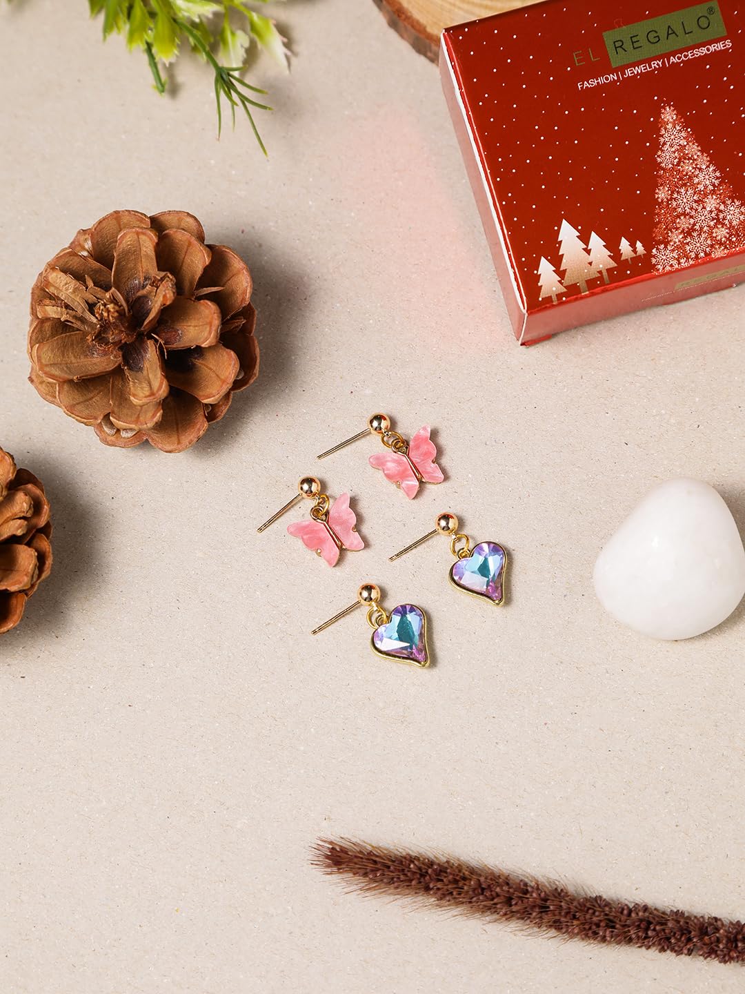El Regalo 2Pairs Cute Heart & Butterfly Stud Earrings Combo for Girls, Teens & Women