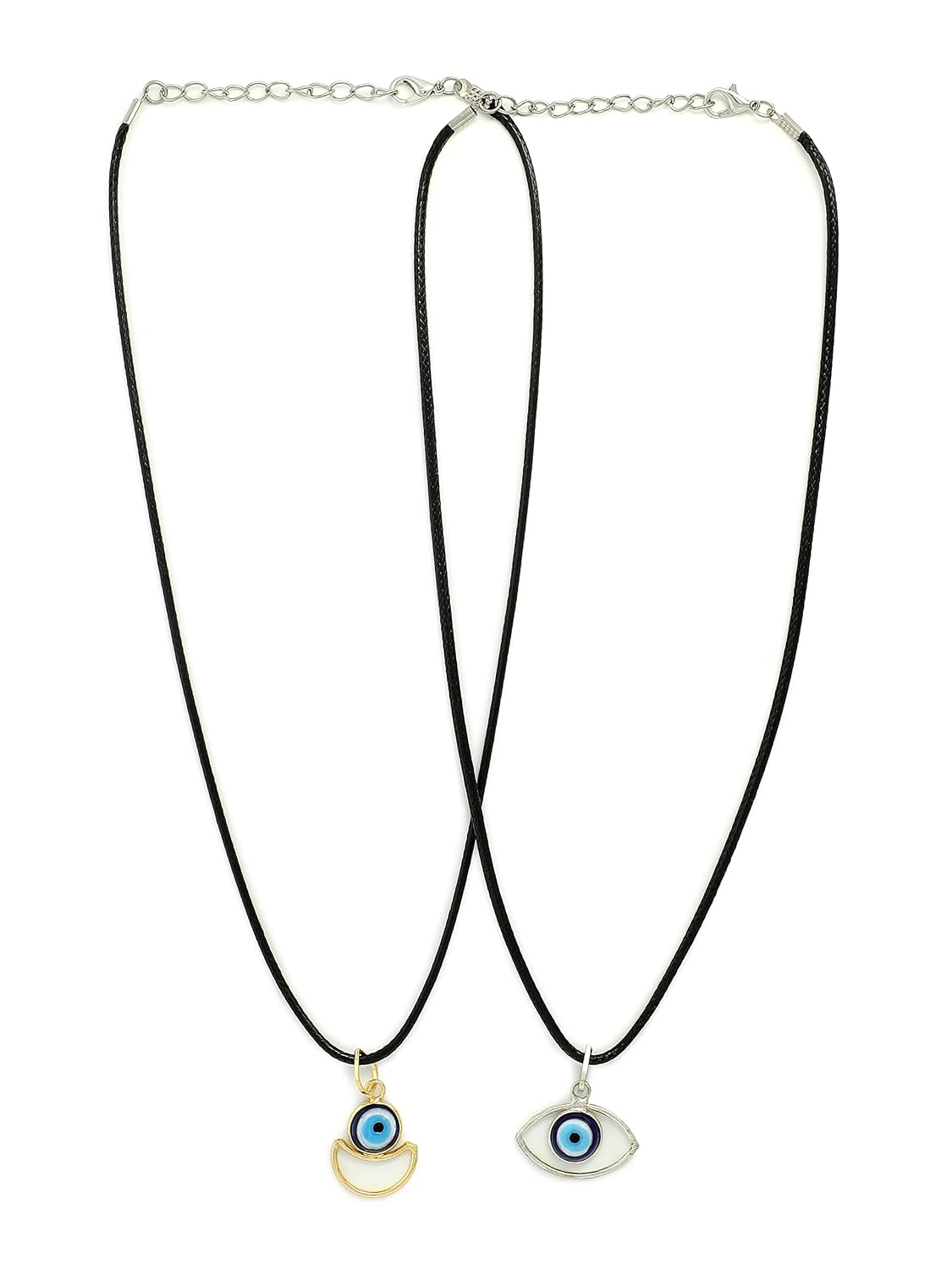 El Regalo 2 PCs Blue Evil Eye Unisex Pendant Cord Necklace for Kids/Girls/Boys/Men & Women - Turkish Blue Silver & Golden Handmade Evil Eye Necklaces (Option-3)