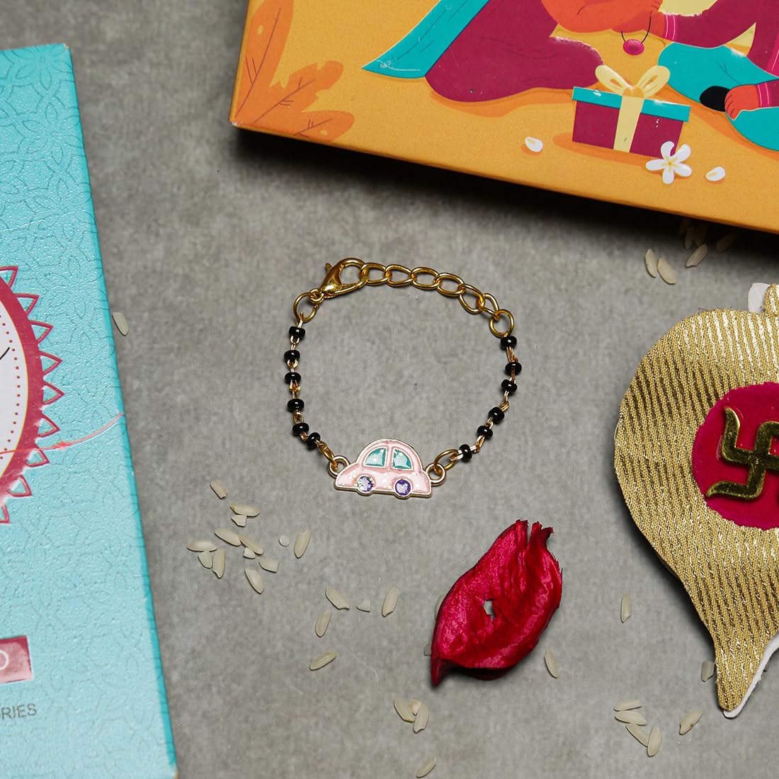 El Regalo 1PC Cute Kids Nazaria Rakhi for Little Brother - Kids Chrams Nazaria Rakhis for Babies/Toddlers with Roli Chawal, Rakhi Message Card in Rakhi Gift Box (Pink Car Nazaria)