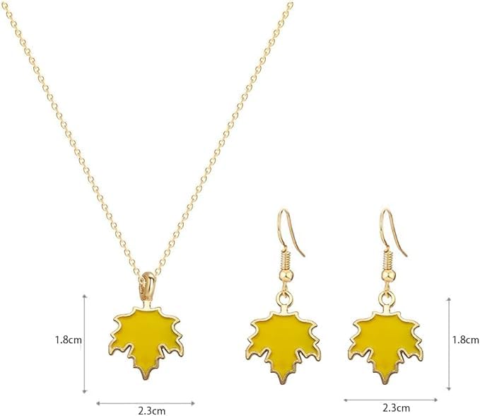 El Regalo Womens Maple Leaf Necklace & Earrings Jewelry Set- Contemporary Maple Leaves Set in Yellow, Orange & Red Glossy Finish (Yellow)