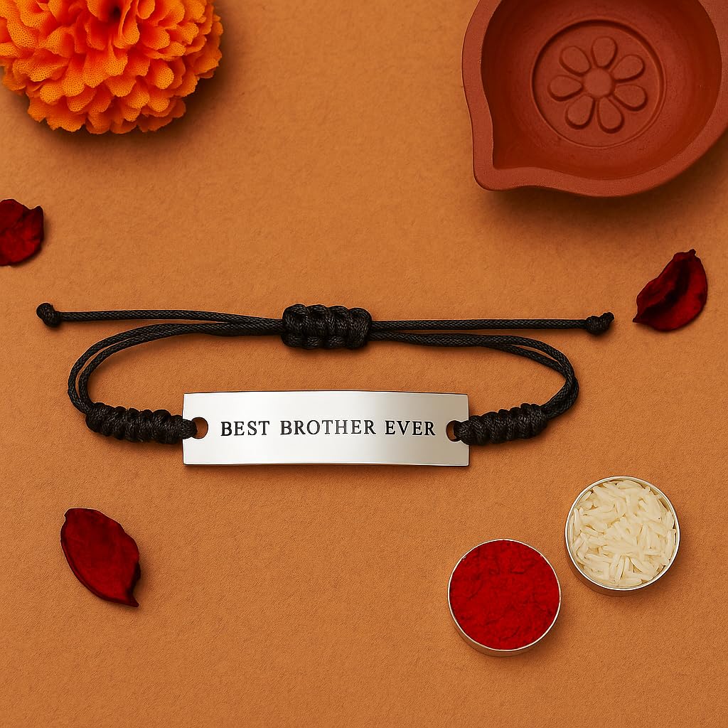 El Regalo "Best Brother Ever Bracelet Rakhi- Minimalist Stainless Steel Brother Charm Bracelet with Roli Chanwal, Message Card in Rakshabandhan Box