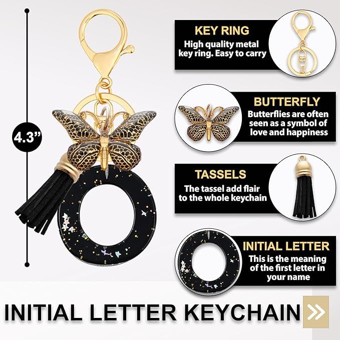 El Regalo Personalized Name Initials Butterfly Charm Keychain - Name Letter Keyring with Black & Golden Tassel & Butterfly Pendant, Purse, Bag, Backpack Accessory (O Letter)