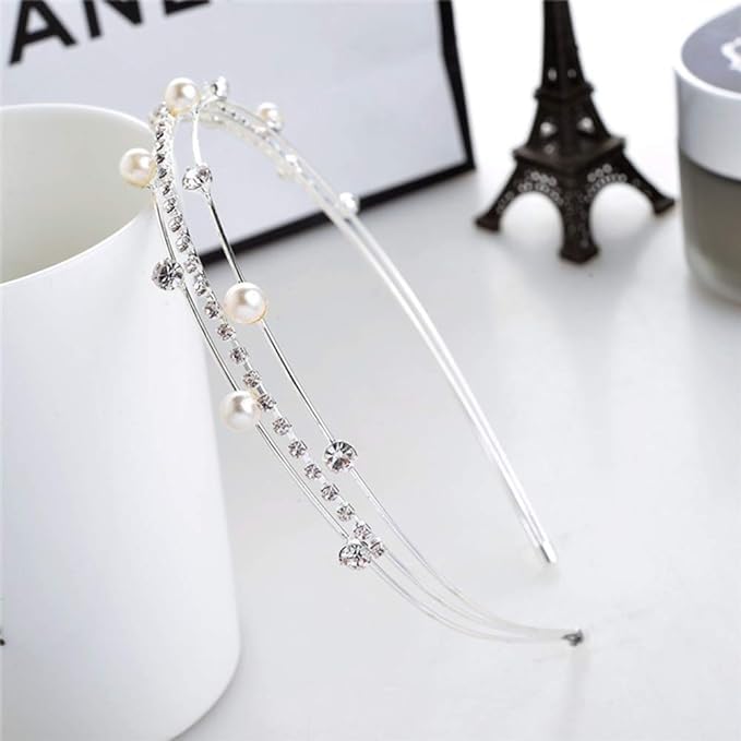 El Regalo Fancy Party 3 Layers Hairband for Girls & Women - Bridal, Wedding Party Pearl AD Hairband (Silver)