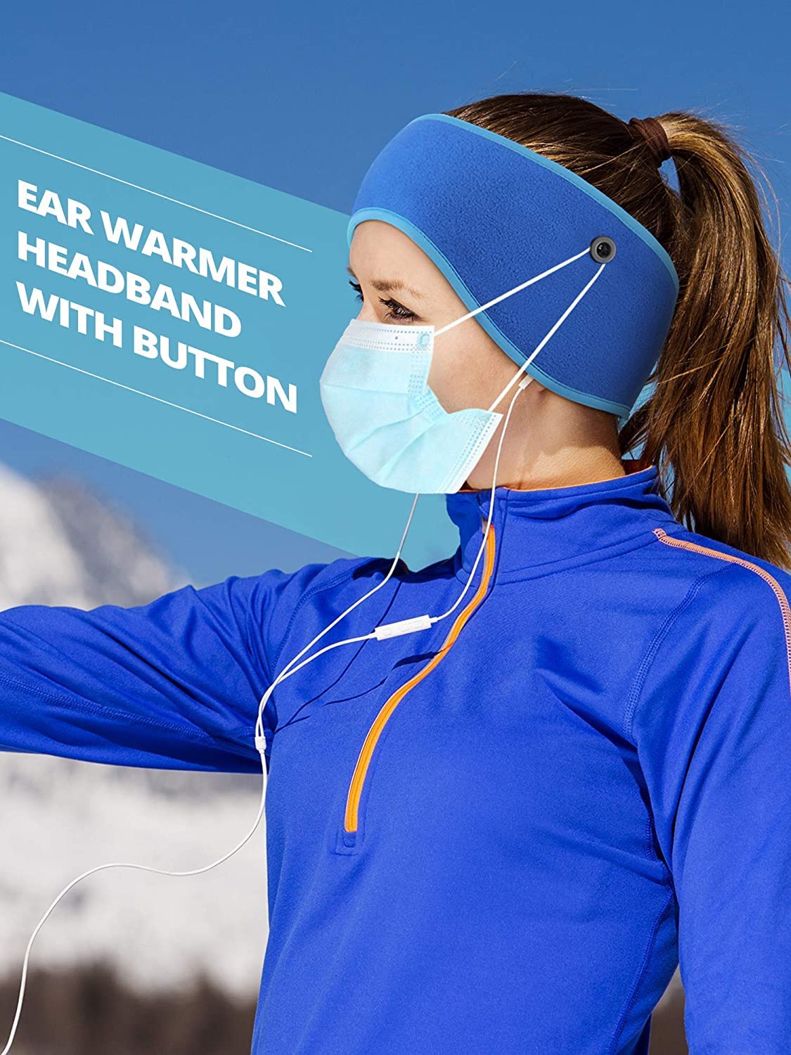 El Regalo 2 Pcs Winter Fleece Ear Warmers Headband With Buttons For Facemask - Winter Ear Muffs For Unisex Boys & Girls In Cold Weather, Running Yoga Skiing Riding Bike Ear Cover (Neon Blue & Black)