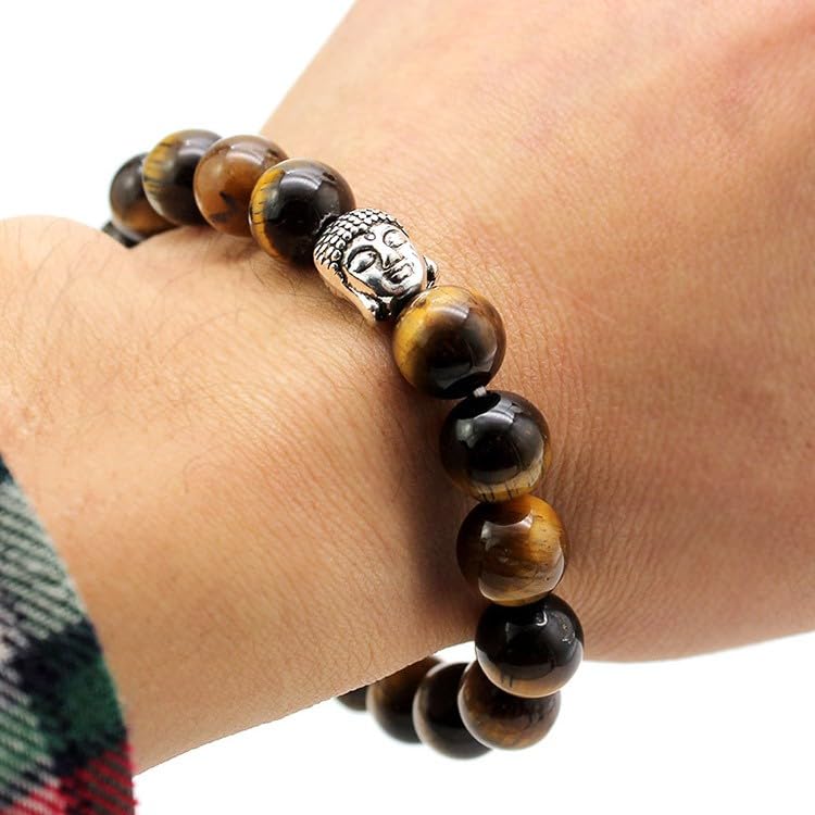 El Regalo 1PC Natural Tiger Eye Beads Stretch Unisex Bracelet for men & Women with Hamsa Hand, Rudraksha, Elephant & Budhdha Charms (Budhdha Tiger Eye Bracelet)