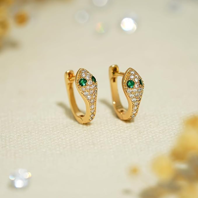 El Regalo Luxury Snake/Serpent Huggie Hoop Earrings with Green & White Cubic Zirconia for Girls/Women - Fancy Cartilage Cuff Piercing Studs