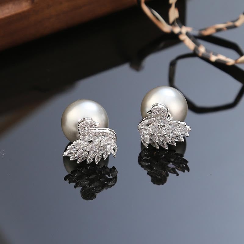 El Regalo Premium Luxury 2-Way Front Back Swan Pearl Earrings for Women and Girls | Sparkling CZ Studded Ear Jackets Convertible Western Studs | Elegant Wedding, Party & Daily Fashion Jewelry Gift