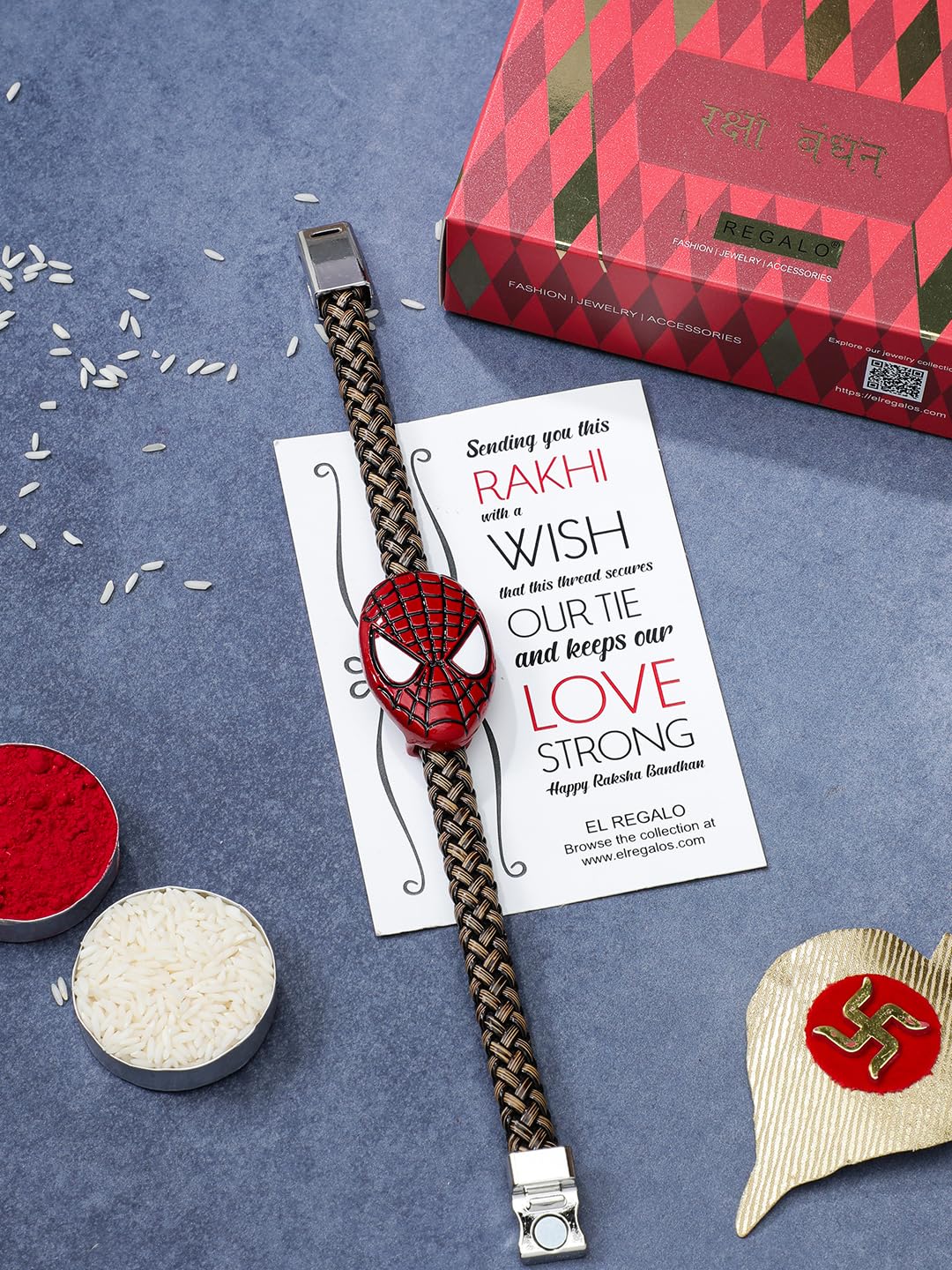 El Regalo Boys 1Pc Super Hero Bracelet Rakhi For Brother/Bhai With Roli Chawal Shagun Pack, Message Card In Rakhi Box (Spiderman)