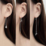 El Regalo 925 Silver Plated Minimalist Long Thin Linear CZ Elegant Threader Dangle Chain Earrings for Girls & Women (Moon Sun Threaders)
