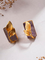 El Regalo Fancy Leaf Raw Stones Stud Brass Contemporary Earrings - Gold Plated Matte Finish Stone Studs for Girls and Women (Purpilish)