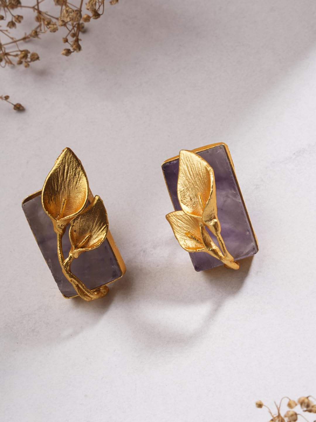El Regalo Fancy Leaf Raw Stones Stud Brass Contemporary Earrings - Gold Plated Matte Finish Stone Studs for Girls and Women (Purpilish)