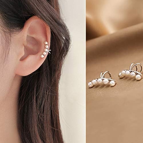 El Regalo 2PCs Tiny Pearl Cuff Cartilage Non-Pierced Clip On Earrings for Girls & Women- Vintage Pearl Clip Earrings (2 Silver)