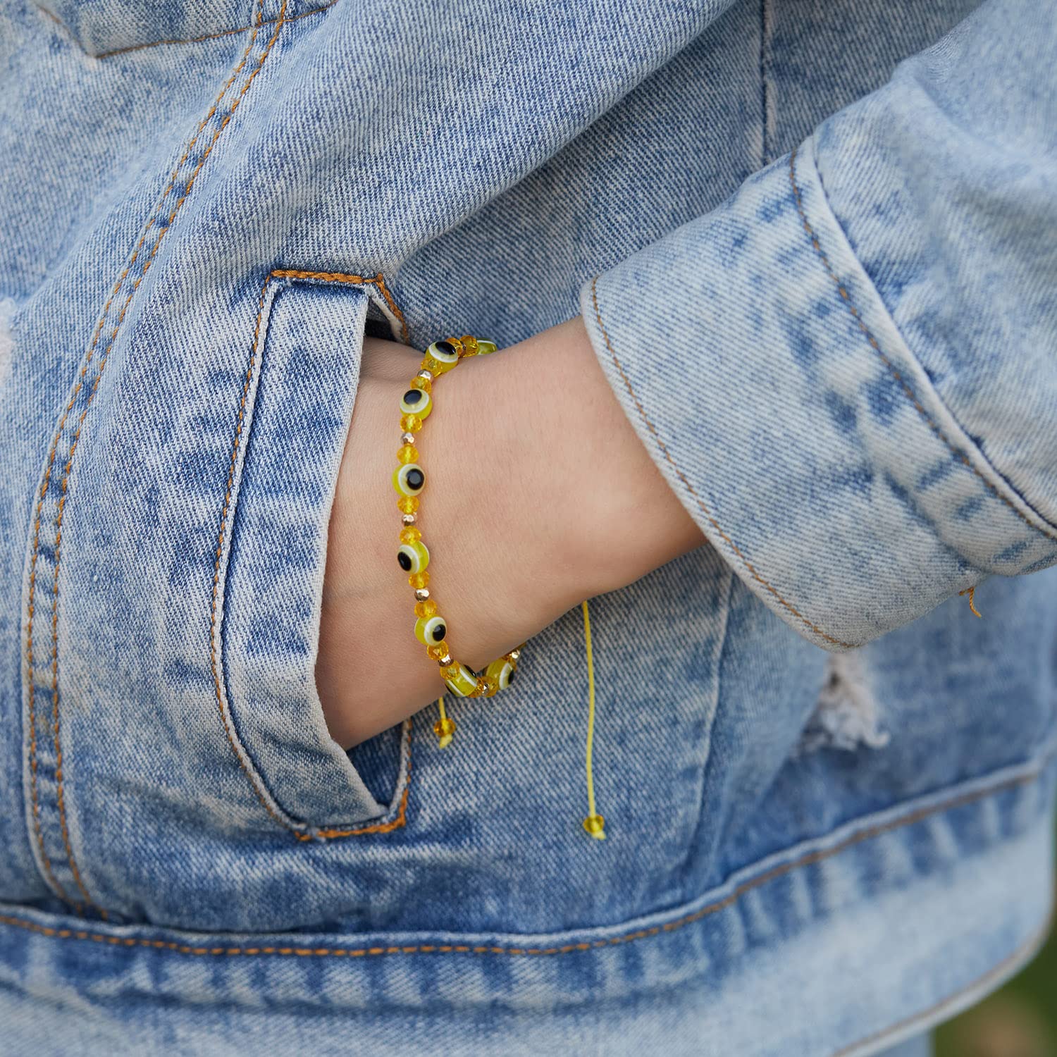 El Regalo 1 PC Evil Eye with Crystals Beads Adjustable Unisex Bracelet for Girls/Boys/Men/Women (Yellow)