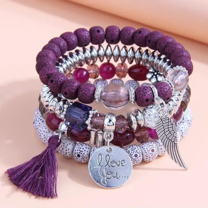 El Regalo 4Pcs/Set Vintage Bohemia Style Wing Beads Tassel Unisex Bracelet - Stackable Multi-layer Modern Charm Bracelets with Wings and I Love You Charms Bracelets (Wine)