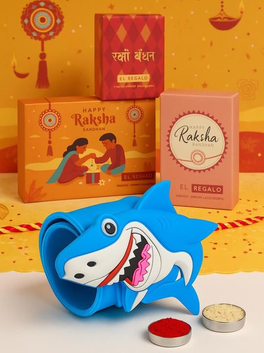 El Regalo Cute Slap Band Bracelet Rakhi for Kids Boys & Little Brother | Fun Quirky Silicone Slap Wristband Rakhi for Toddlers & Children with Roli Chawal Pack and Gift Box- Shark
