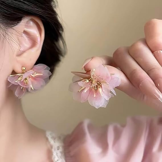 El Regalo Vintage Floral Drop Earrings for Women | Classy Chiffon Flower Cluster Earrings | Boho Lily Petal Dangle Earrings | Korean Statement Fashion Jewellery | Hypoallergenic Fancy Earrings (Peachy Pink)