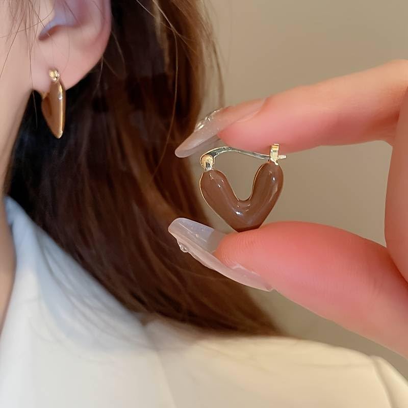 El Regalo 1Pair Love Heart Hoop Earrings- Small Oil Dripping Gold Plated Heart Earrings for Girls & Women Hoop (Brown)