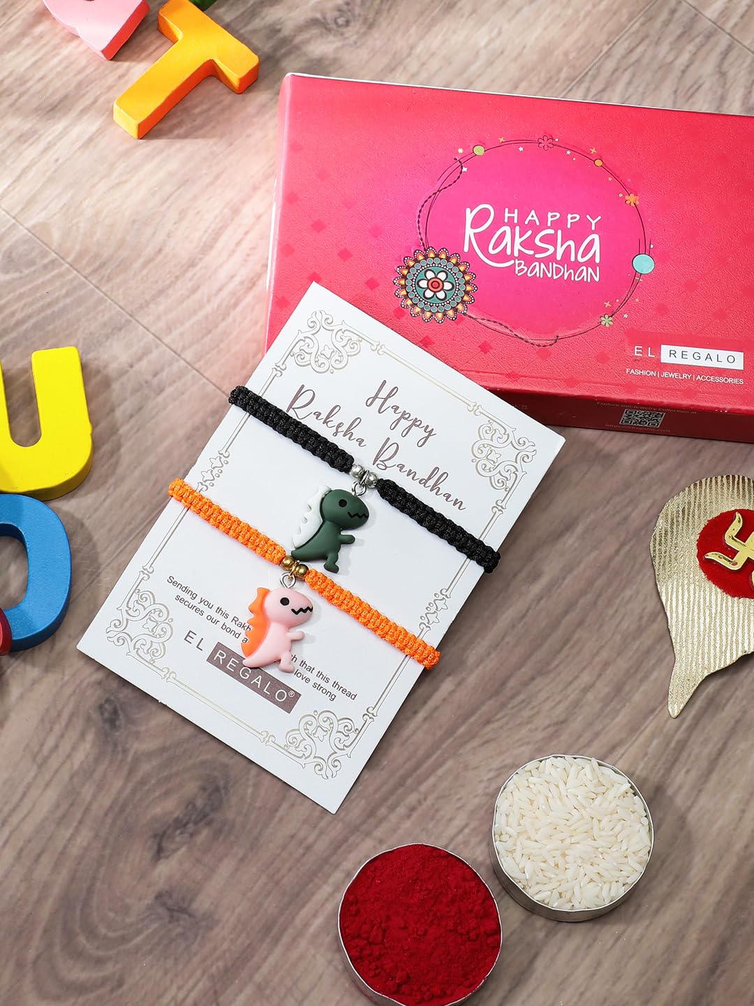 El Regalo 2PCs Cute Kids Dinosaur Bracelets Rakhi Combo for Brother with Roli Chawal, Rakhi Message Card in Rakhi Gift Box (Black Yellow)