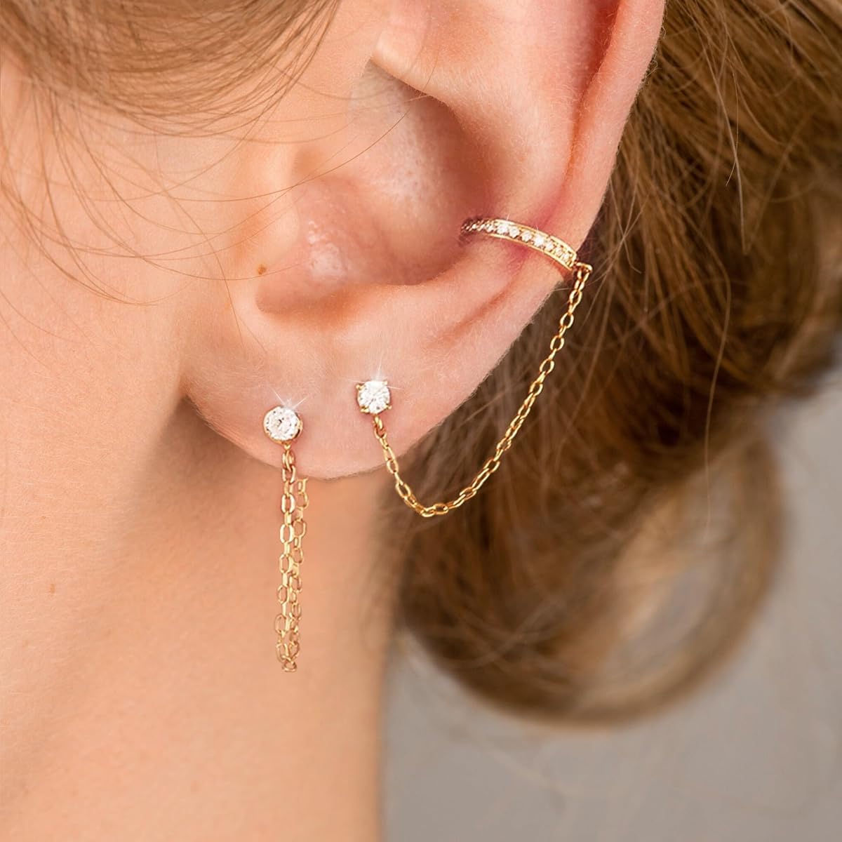 El Regalo Gold Toned Cubic Zirconia Ear Cuff and Stud Earrings Set for Women & Girls | Elegant Cartilage Wrap with Chain Link & CZ Crystal Studs | Non-Pierced Ear Cuff Jewelry Combo | Gift for Her