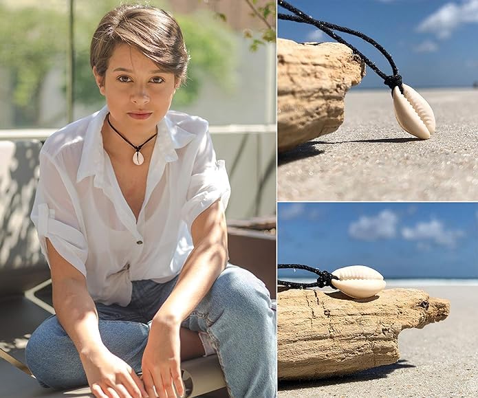 El Regalo Bohemian Shell Pendant Unisex Adult Necklace- Cowrie Choker Black Leather Cord Adjustable Necklace