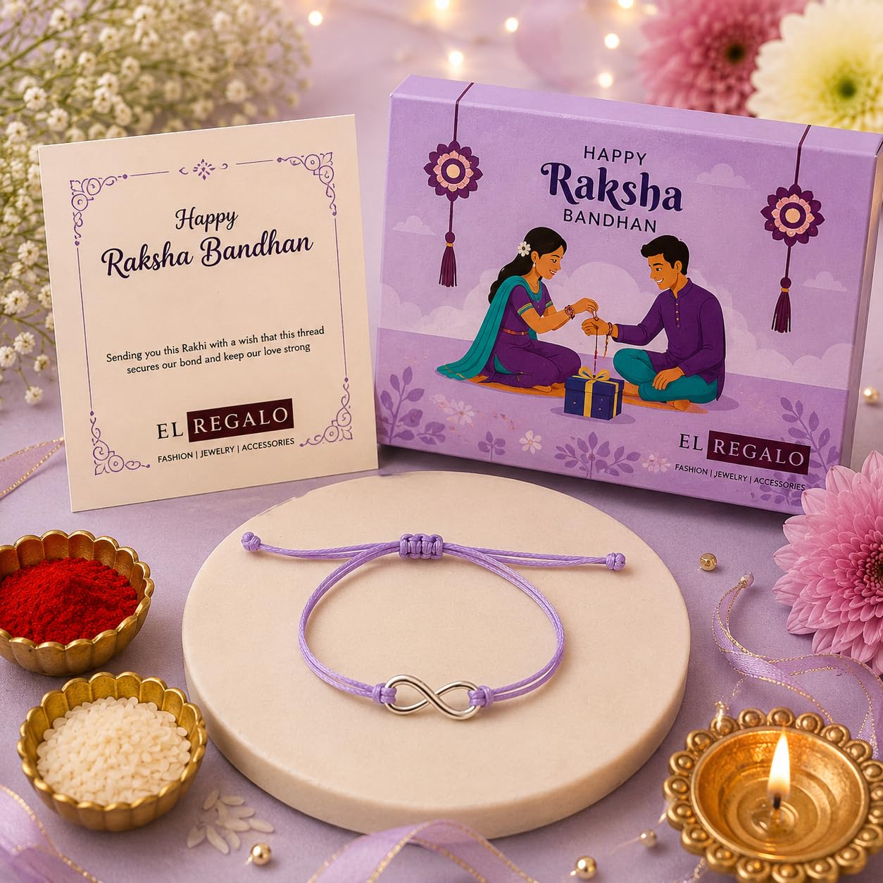 El Regalo 1PC Minimalist Infinity Rakhi for Brother- Simple Infinity Rakhi with Roli Chawal, Rakhi Message Card in Rakhi Gift box for Brother (Purple)
