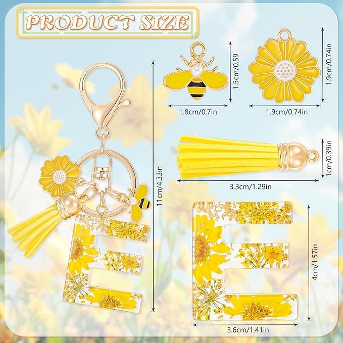 El Regalo Personalized Name Initials Natural Flowers & Bee Charm Keychain - Custom Letter Keyring with Daisy Flower & Honey Bee Pendant, Purse, Bag, Backpack Accessory (Letter E)