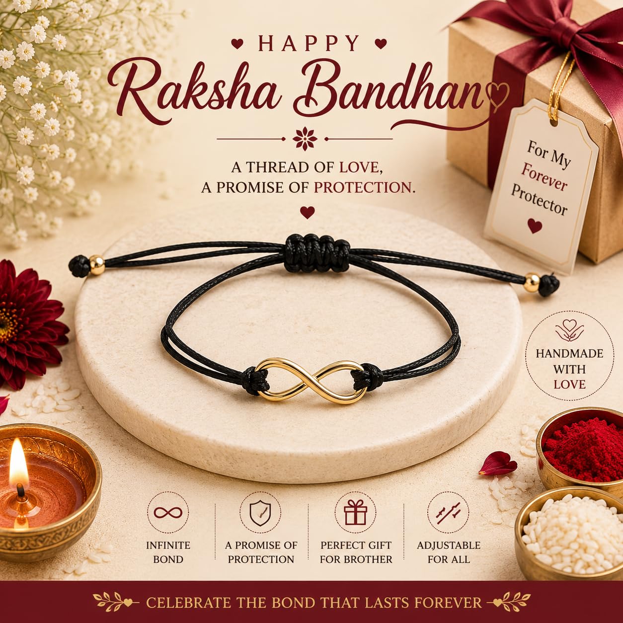 El Regalo 1PC Minimalist Infinity Rakhi for Brother- Simple Infinity Rakhi with Roli Chawal, Rakhi Message Card in Rakhi Gift box for Brother (Gold)