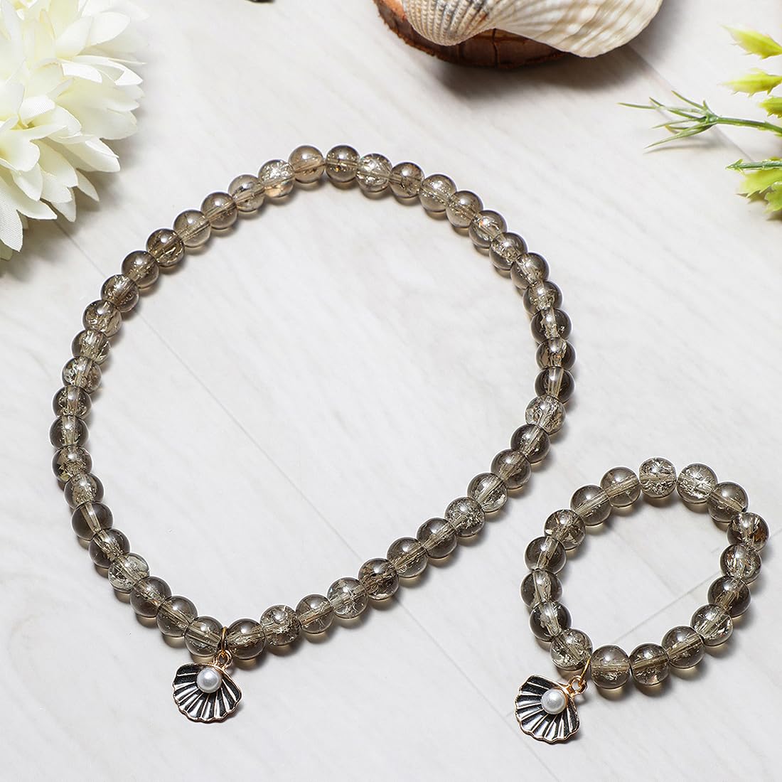 El Regalo 2 PCs Shiny Crackled Beads Kids Girls Necklace & Bracelet Jewelry Sets - Cute Kids Charms Jewelry with Sparkly Beads for Kids/Toddlers Girls (Grey Shell Jewelry)