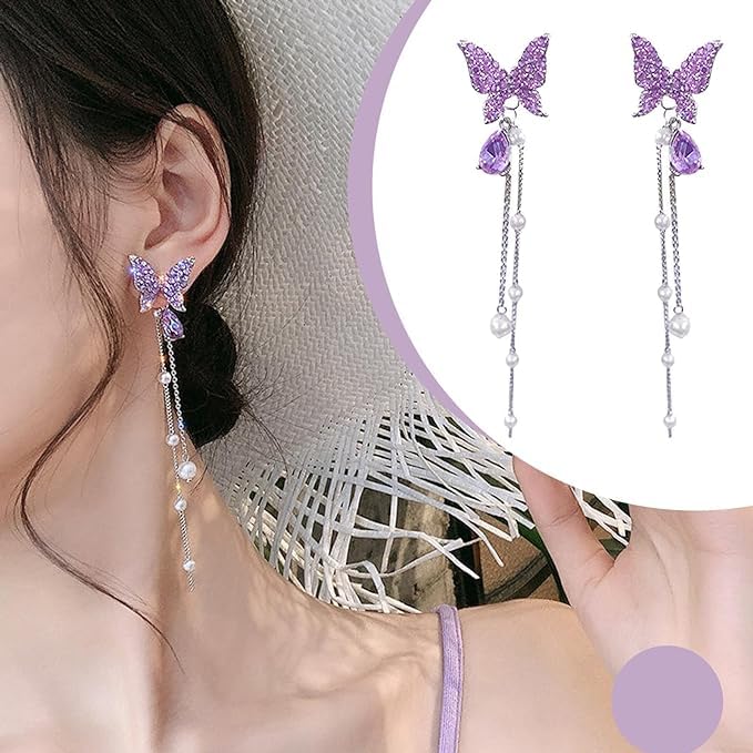 El Regalo Long Butterfly Tassel Rhinestone Crystals & Pearls Earrings for Women Girls- Violet Crystals Long Butterfly Earrings