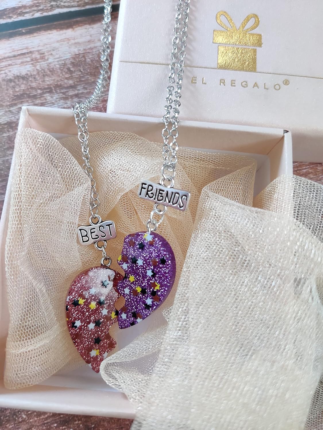 EL REGALO 2 Pcs Best-Friend Pink Purple Resin Heart Pendant Necklace Set For For Girls