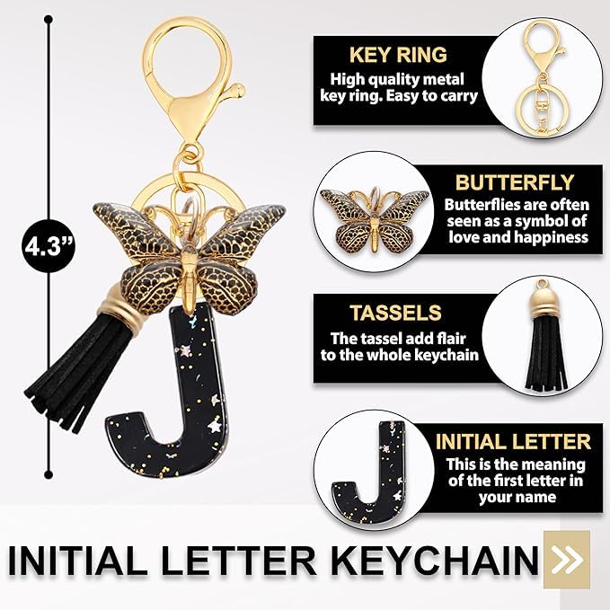 El Regalo Personalized Name Initials Butterfly Charm Keychain - Name Letter Keyring with Black & Golden Tassel & Butterfly Pendant, Purse, Bag, Backpack Accessory (J Letter)