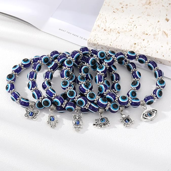 El Regalo 6 PCs Unisex Evil Eye Bracelets with Charms- Butterfly, Elephant, Hamsa Hand, Turtle, Eye & Owl