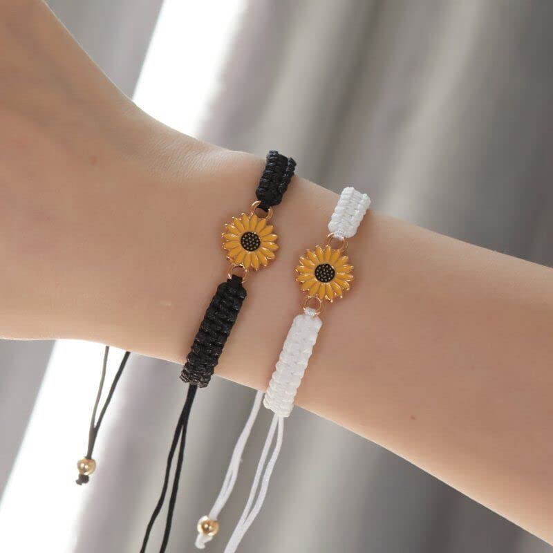 El Regalo 2 PCs Sunflower Daisy Bracelet - Adjustable Sunflower Bracelets for Best Friends/Besties - Sunflower Pinky Promise Bracelets for Kids Girls/Teens/Women (Black & White Sunflower Bracelet)