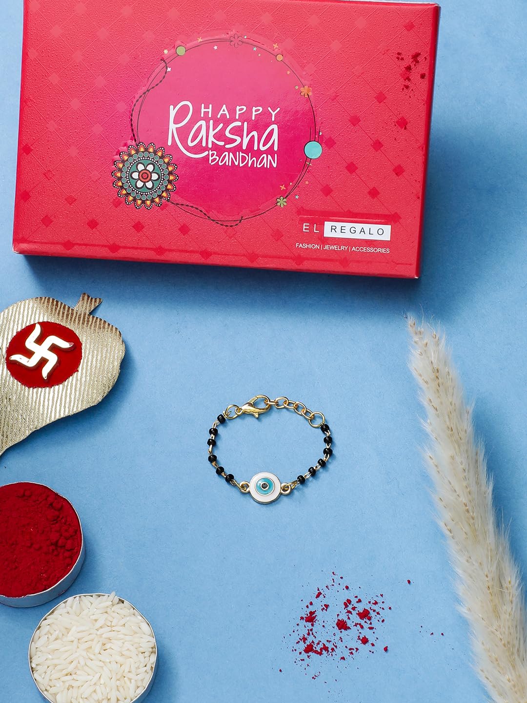 El Regalo Cute Evil Eye Nazaria Bracelet Rakhi for Babies/Kids with Roli Chawal, Rakhi Message card in Rakhi Gift Box- Baby Nazaria Rakhi (Blue Evil Eye Nazaria Rakhi)