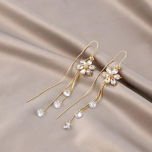 El Regalo 925 Silver Plated Flower Threader Earrings- Needle Threader Long Tassel Earrings for Girls & Women (Golden Flower)