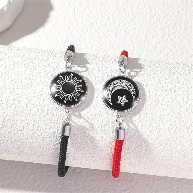 El Regalo 2PCs Sun Moon Luminous Couple Bracelets Set For Unisex Adult- Glow at Night Sun, Moon, Star Pinky Promise Bracelets (2 Black)